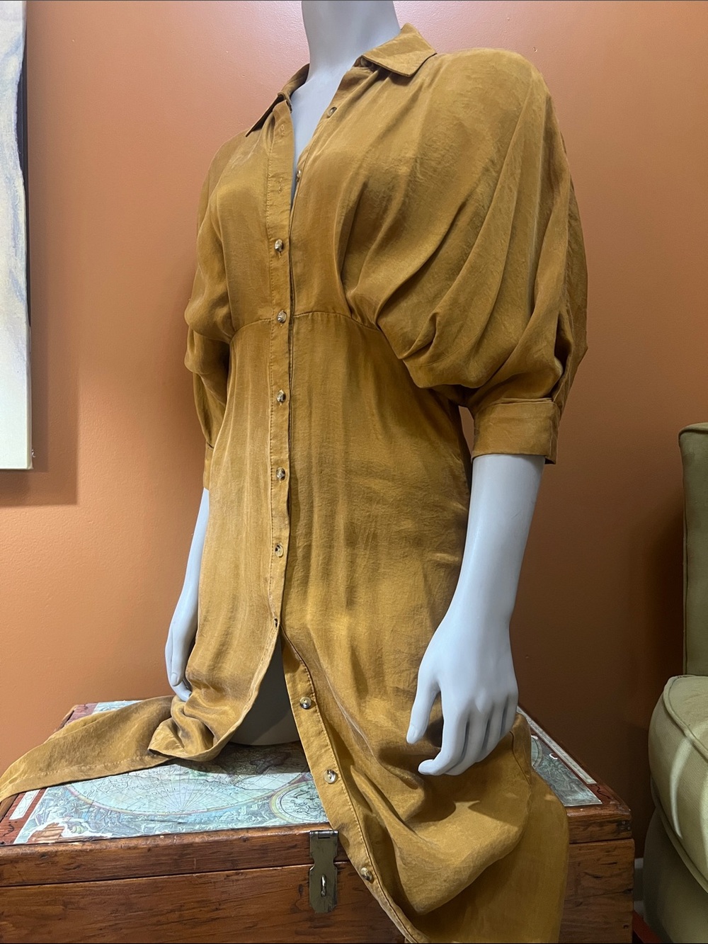Zara Mustard Puff-Sleeve Midi Shirt Dress XS